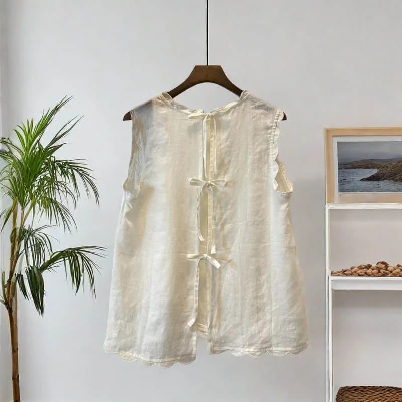 

Elegant Vest O-neck Soild Casual Korean Style Sleeveless Cropped Shirts Summer Sale Drawstring Lace Design Tops Women Clothing