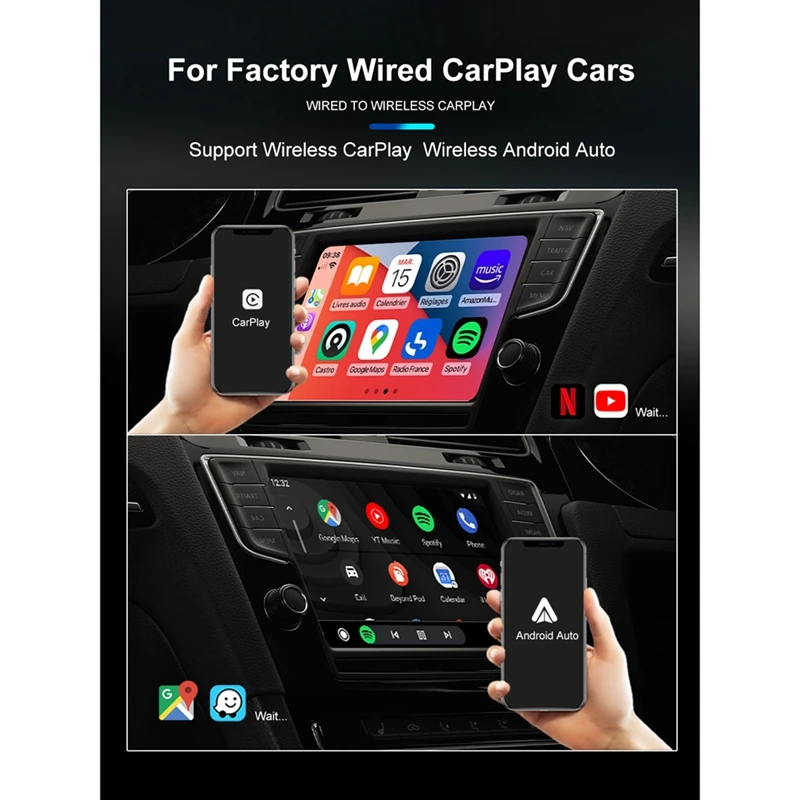 Carplay Box Wired to Wireless Android Auto 3 in 1 Adapter Smart Ai Box Plug and Play Bluetooth WiFi USB GPS