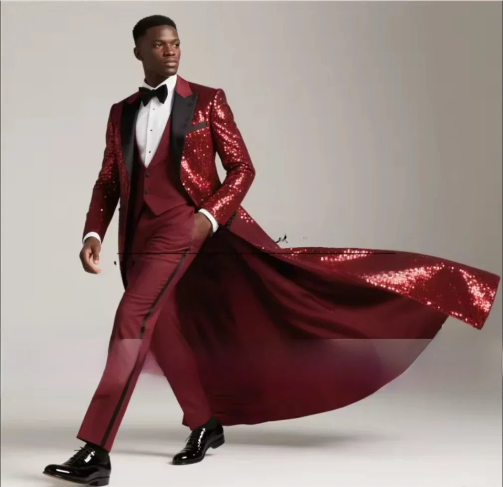 الدعاوى الفاخرة للرجال 3 قطع مجموعات تألق الفضة الترتر بلغت ذروتها التلبيب الحفلات بليزرات مخصصة العريس الزفاف سهرة سليم صالح