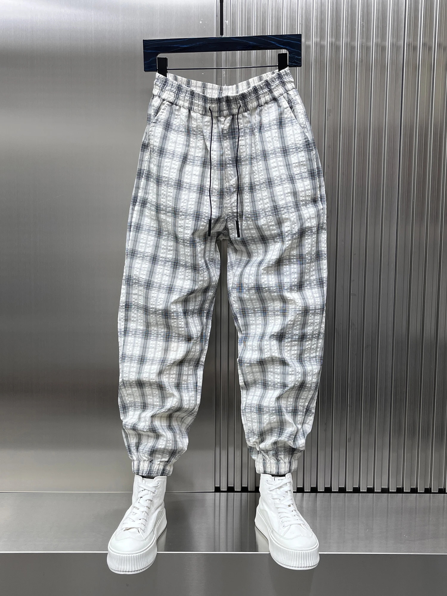 

Summer 2025 Men's Casual Trousers Trendy Plaid Loose Straight Leg Youthful Slimming Cuffed Pants Breathable Thin Material