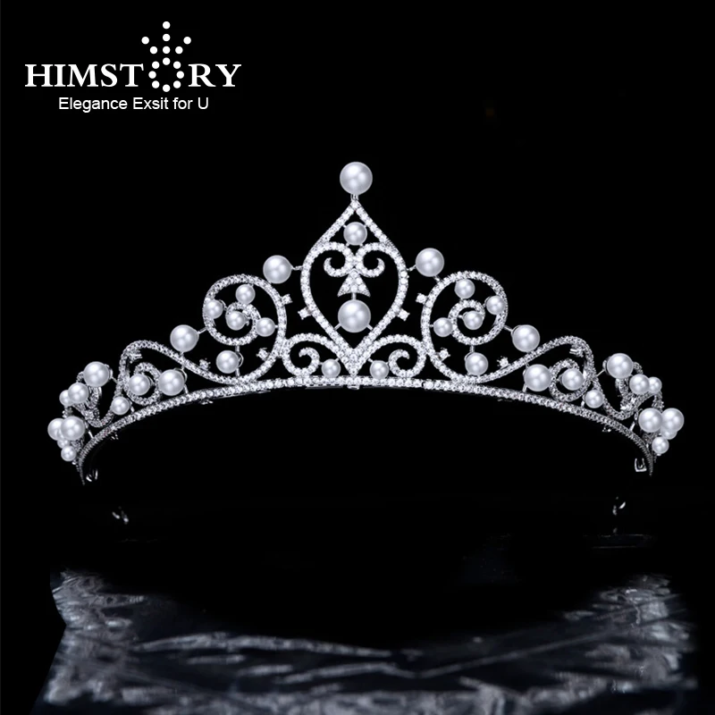 

Himstory Luxury New Pearl European Crown Fashion Brides Tiaras Headdresses Wedding Head Jewelry CZ Hair Accessories For Women