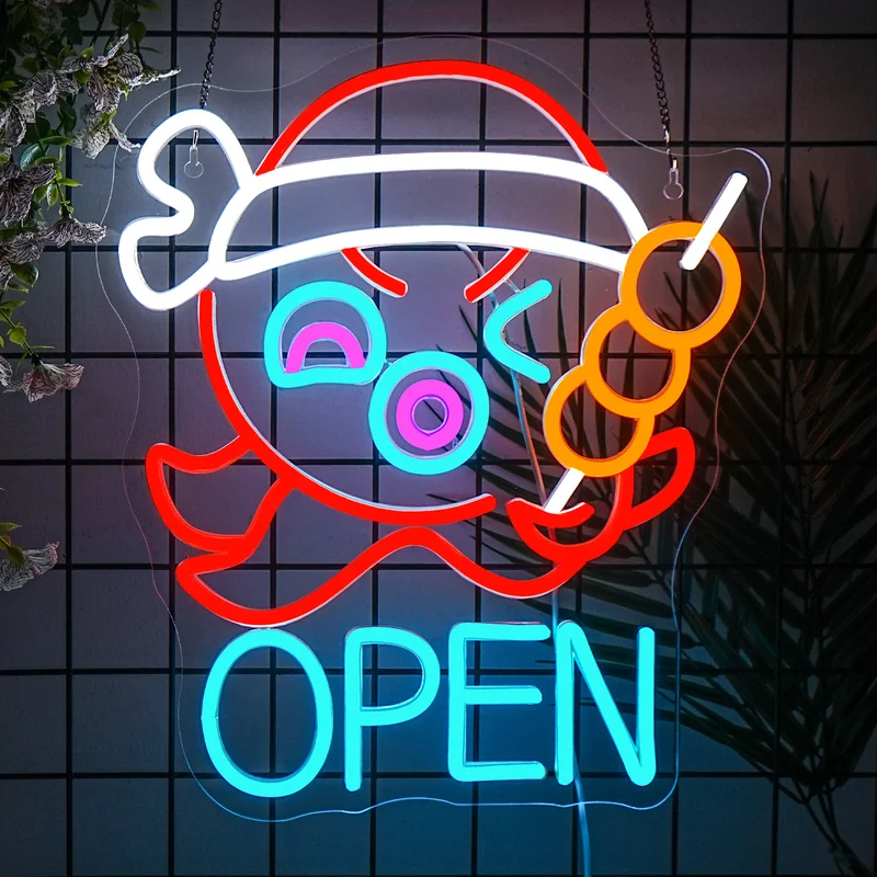 

Octopus Balls Open Neon Signs Custom For Shop Restaurant Decor Neon SignFor wall Art Decor 5/12V USB Power With Dimmable Switch