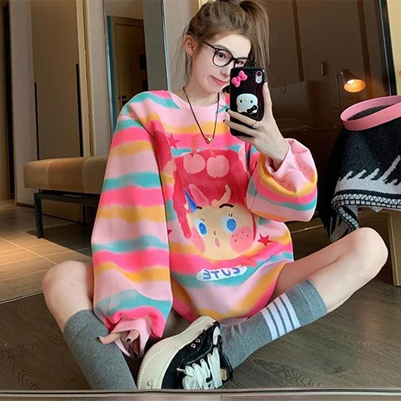 INS Lovely Y2K Striped Cartoon Egirls Hoodie O-neck Pullover Autumn Winter Kawaii Sweatshirt Korean Fashion Couples Harajuku Top