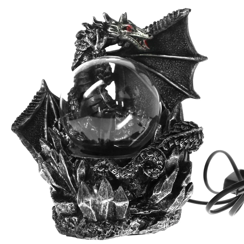 MGT-Medieval Dragon Statue, Dark Dragons Guardian, Halloween Touch, Sensitive Electric Plasma Gazing Ball, Gothic Orb Lighting