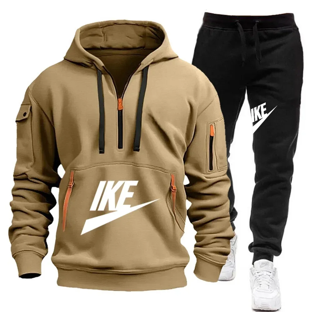 A new autumn and winter fashion men's casual sportswear set, featuring a warm hooded pullover and jogging pants in two pieces