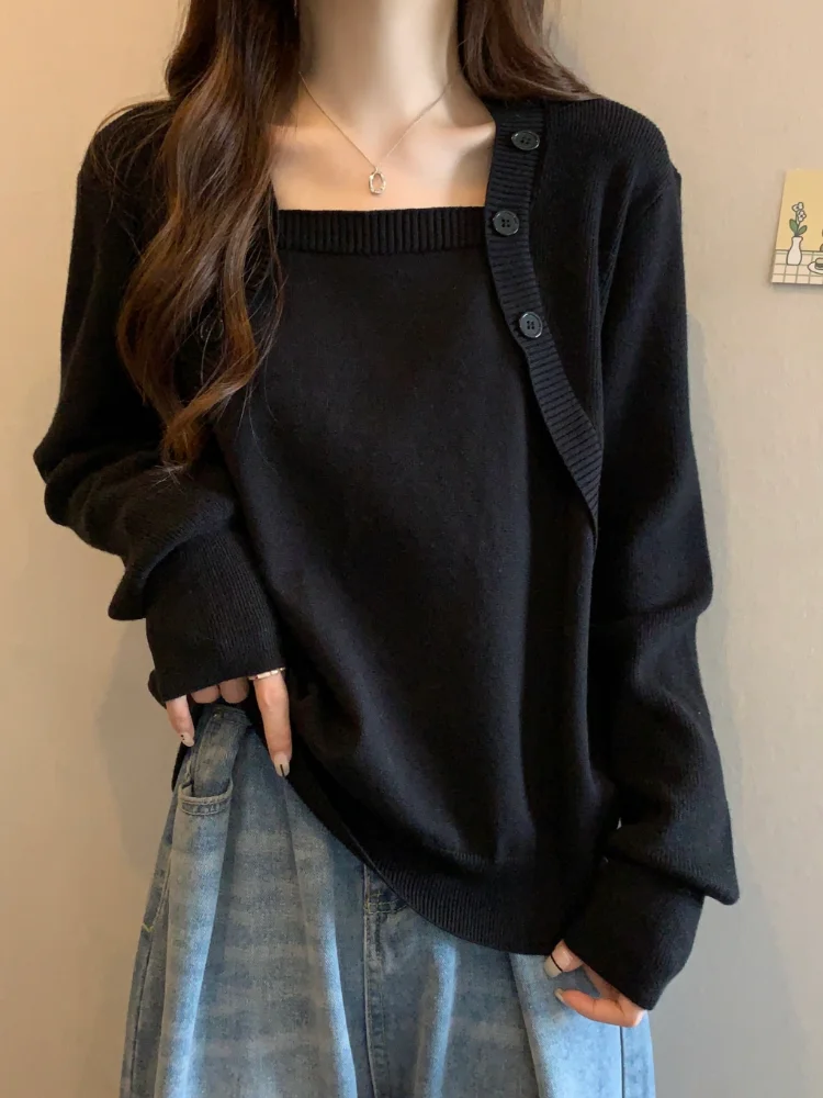 Plus Size Large Size Belly Covered Idle Sle Loose Knitting Bottoming Shirt Spring Chubby Girl Slish Slim Looking Square Colla...