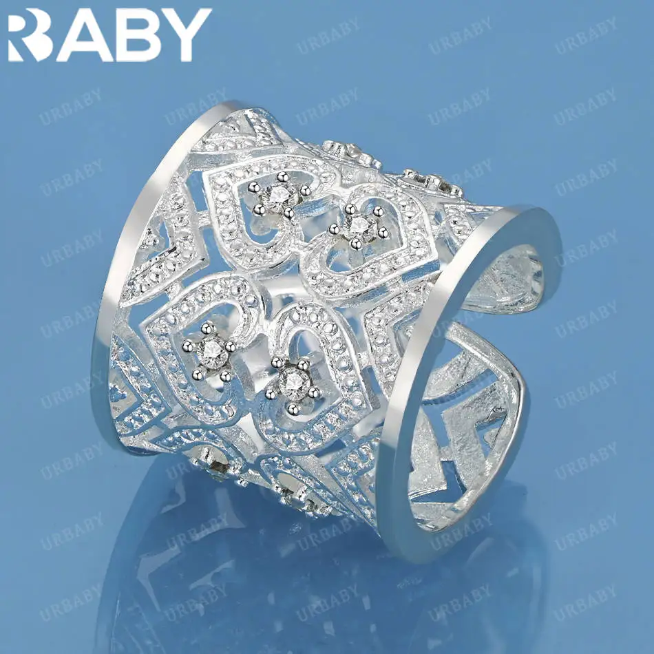 

URBABY 925 Sterling Silver Zircon Hollow Heart Open Ring For Women Fashion Jewelry Vintage Grace Charm Noble Party Birthday Gift