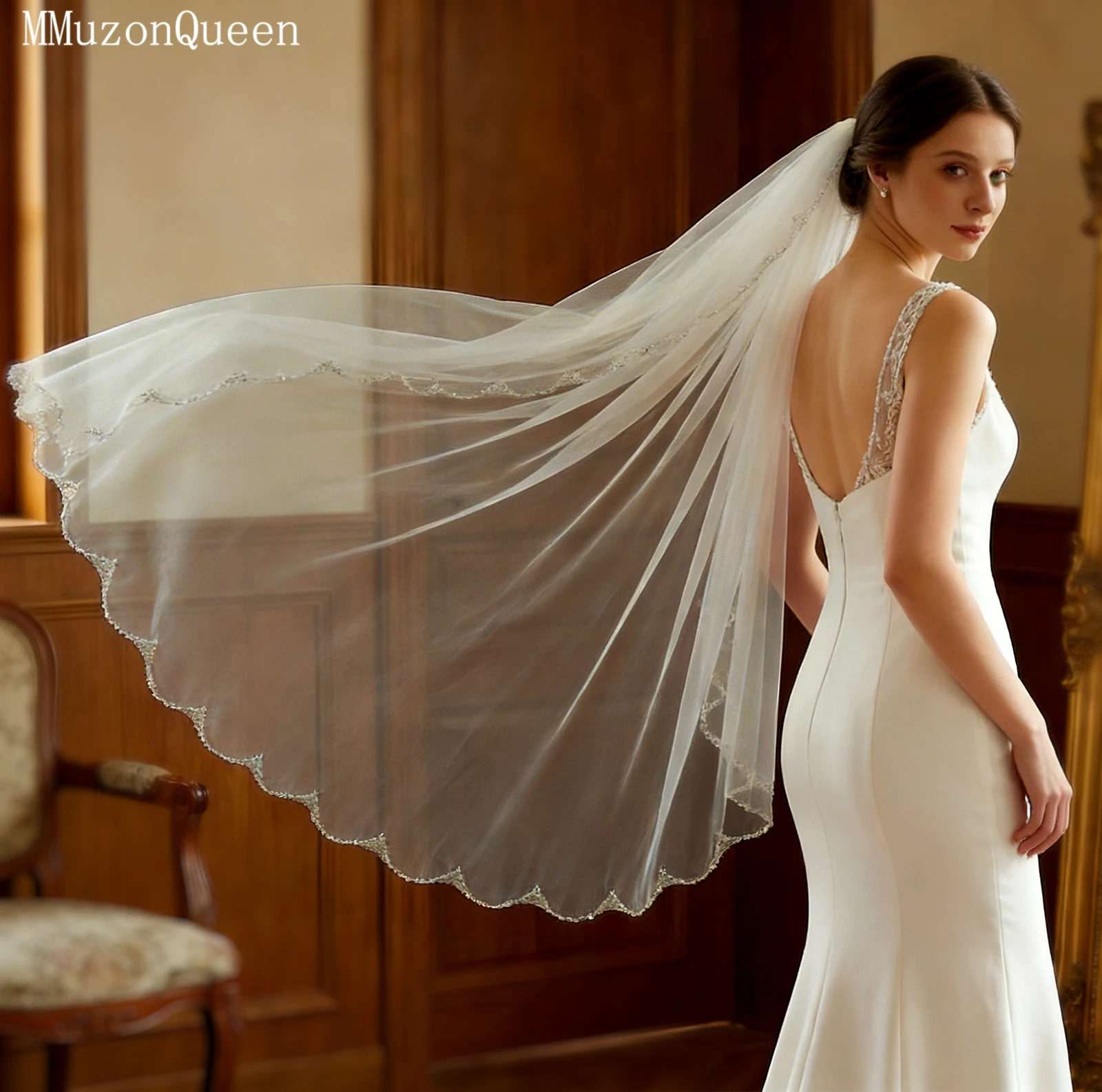 

TOPQUEEN Свадебная роскошная фата со стразами и кристаллическим краем, мягкая фата из тюля, свадебные принадлежности, свадебные аксессуары, настраиваемая V249