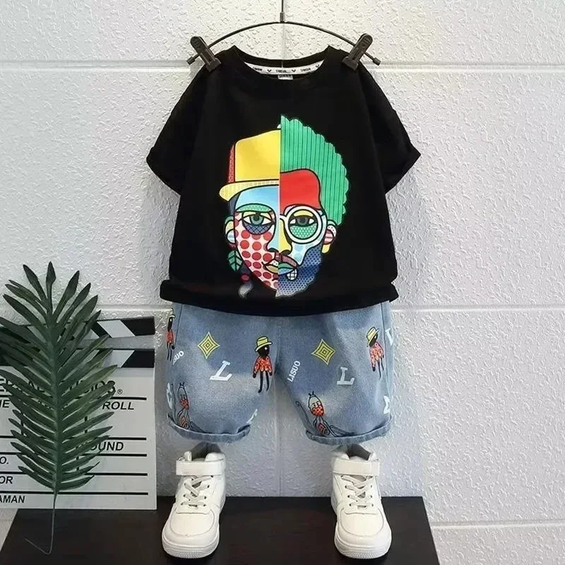 Boys' Clothing Set 2025 Summer New Casual Children's Short Sleeve Cartoon T-shirt and Shorts 2 Piece Set