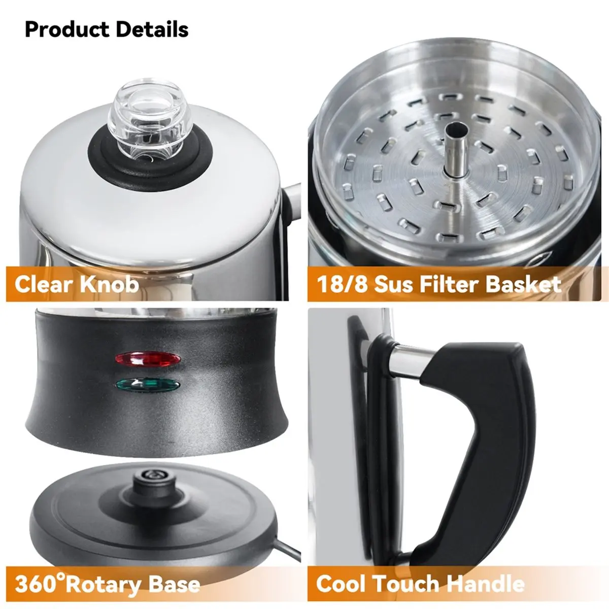 

2026 New Stainless Steel Espresso Coffee Maker Electric Percolator Coffee Pot 12 Cups Home 110v US Plug