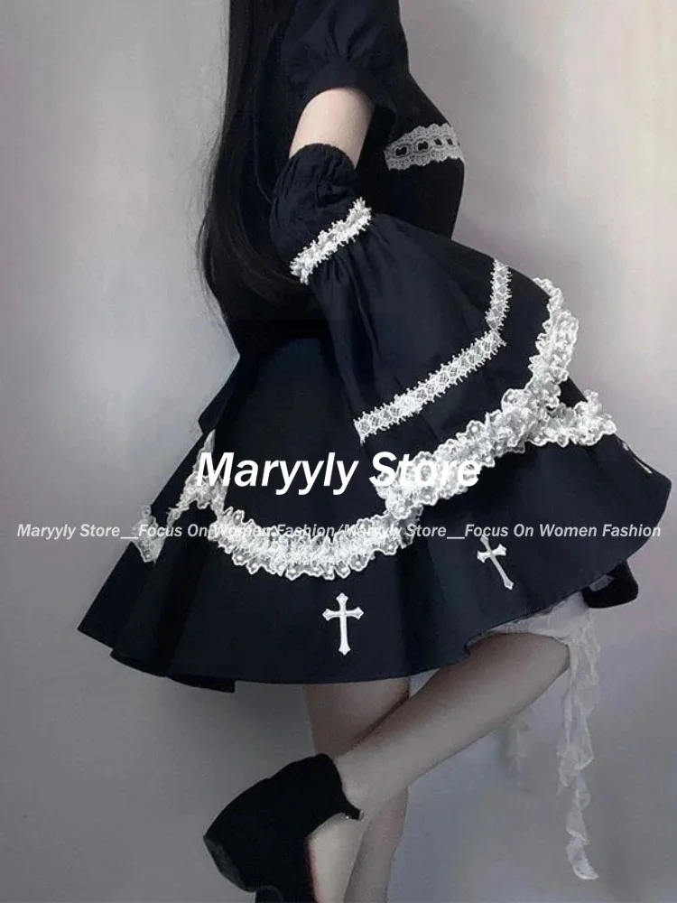 Autumn Japanese Style Gothic Cosplay Party Dress Women Long Sleeve Ruffle Lace Black Mini Dresses Y2k Vintage Lolita Dress New