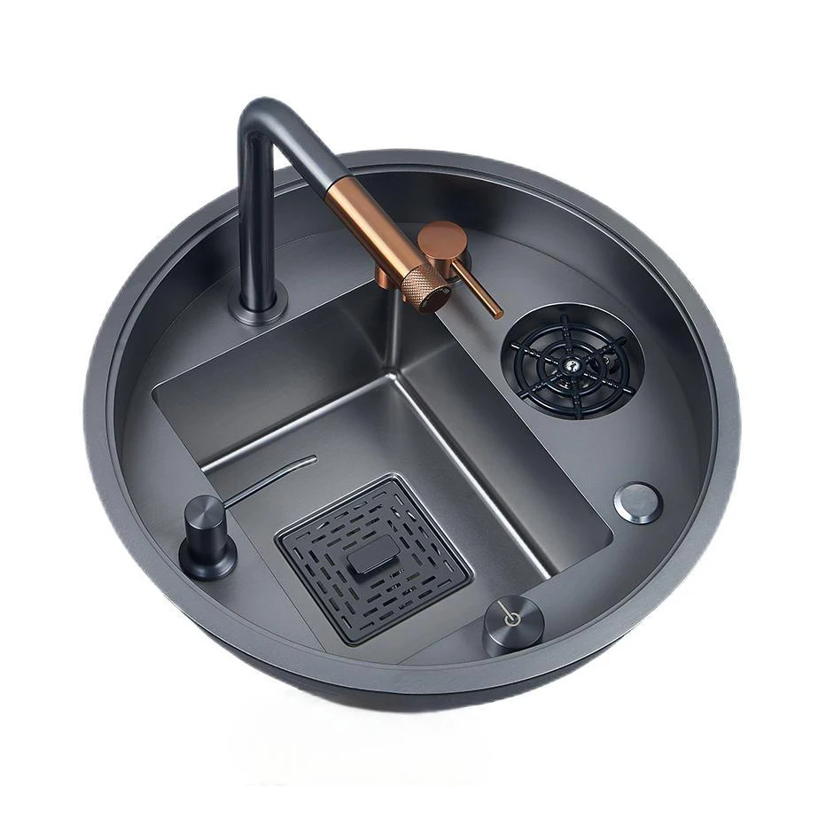 小型丸型手作りステンレス製ワークステーションシンク、カップウォッシャー付き隠しキッチンバーシンク