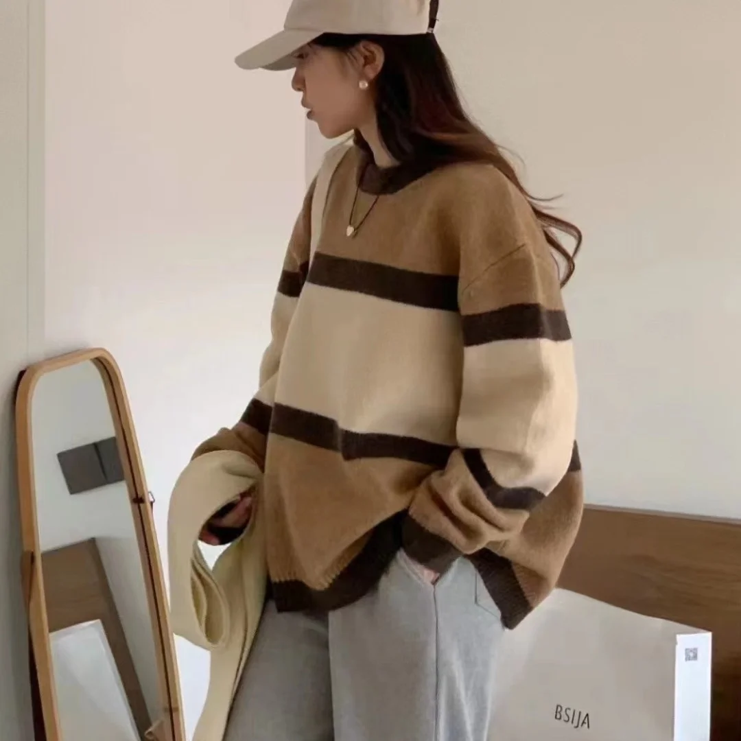 المرأة فضفاضة تناسب Thiened سترة ناعمة أنيقة كسول Sle مخطط محبوك لخريف شتاء جديد وصول عادية Faion #4