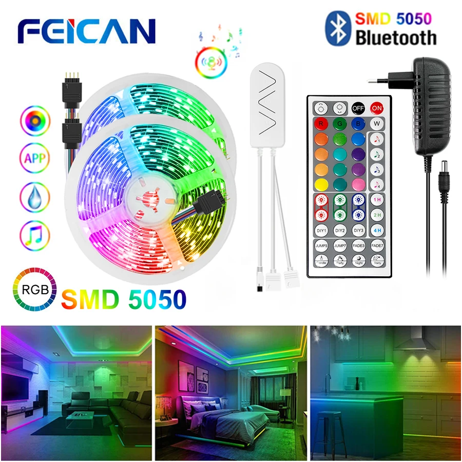 RGB Led Strip Light 12V SMD5050 5M 10M 15M 20M Smart Bluetooth Flexible Tape Lamp Remote Control Christmas Holiday Decoration