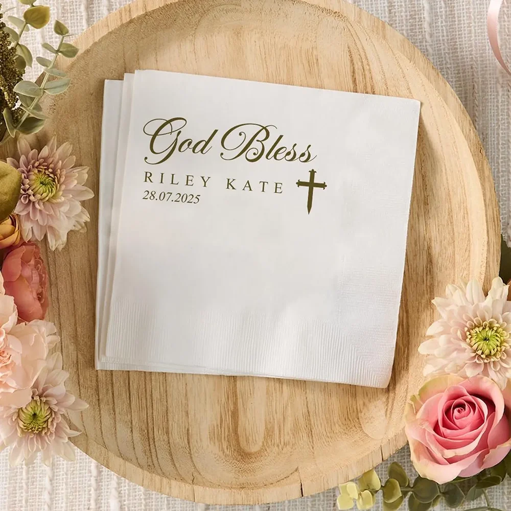 Personalisierte 20-teilige Servietten „God Bless Baptism“, Taufdekoration, Tischzubehör, Zubehör für die Erstkommunion, Taufandenken