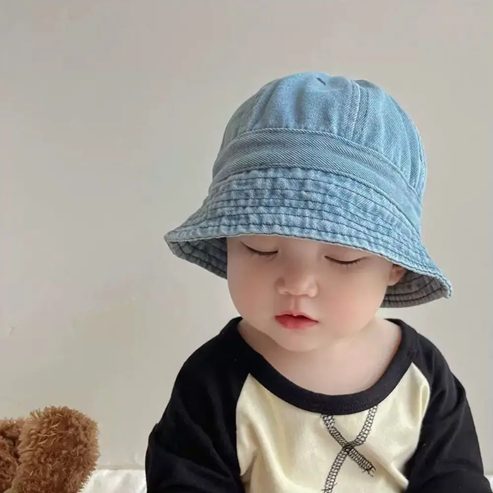 

Cute Cloth Washed Denim Bucket Hat Korean Style Windproof Baby Sun Hat Solid Color sun protection Children Fisherman Cap Boys