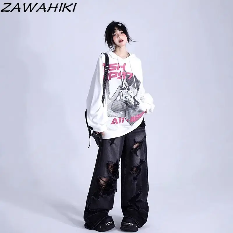 Hoodies Women American Retro Letter Grunge Graphic Print Fall Winter Y2K Top New Arrive Loose Oversize All Match Kpop Streetwear