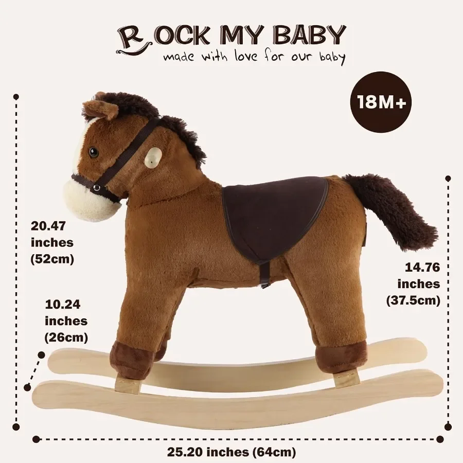 Rocking Horse Dark Brown Horse Rocker for Toddlers 18M+ Plush Ride on Horse Toy with Realistic Sound Soft Stuffed Filling CPC C