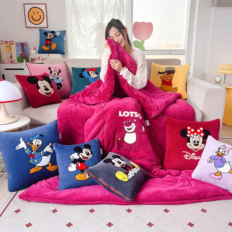 

Disney Mickey Minnie Double-sided Fleece Pillow Quilt 2-in-1 Thickened Warm Winter Strawberry Bear Pillow Blanket