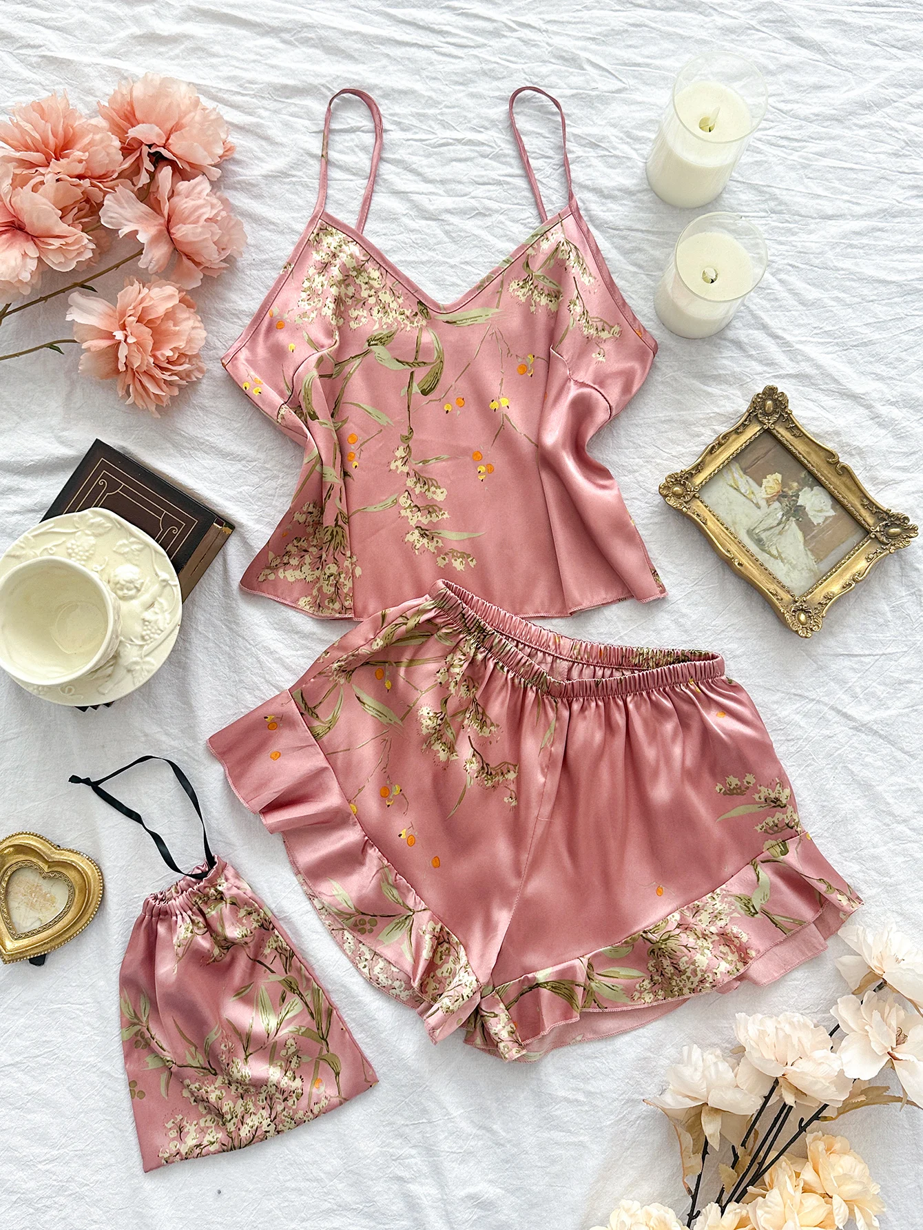 Elegante Cami-Tops mit Blumendruck, Rüschensaum, Shorts, Pyjama-Set, Damen-Nachtwäsche, Loungewear – Detail 2