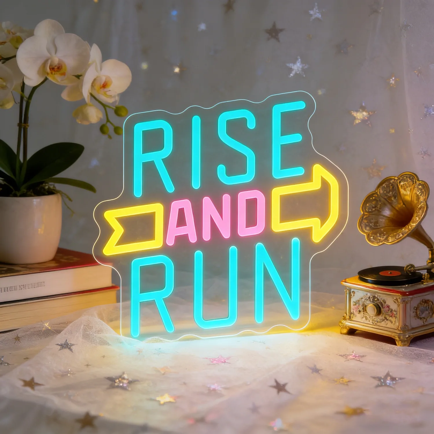 

Rise and Run LED Neon Sign for Bedroom Home Bar Party Wall Decor Colorful Lights Inspires Action with Floral Vintage Gift