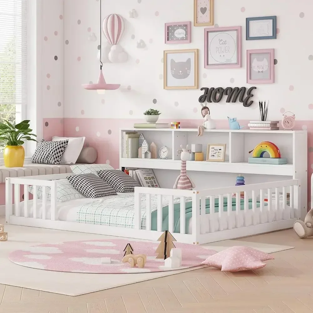 

Twin Size Wooden Kids' Bed with Side Rails and Storage, Bookcase Style, White