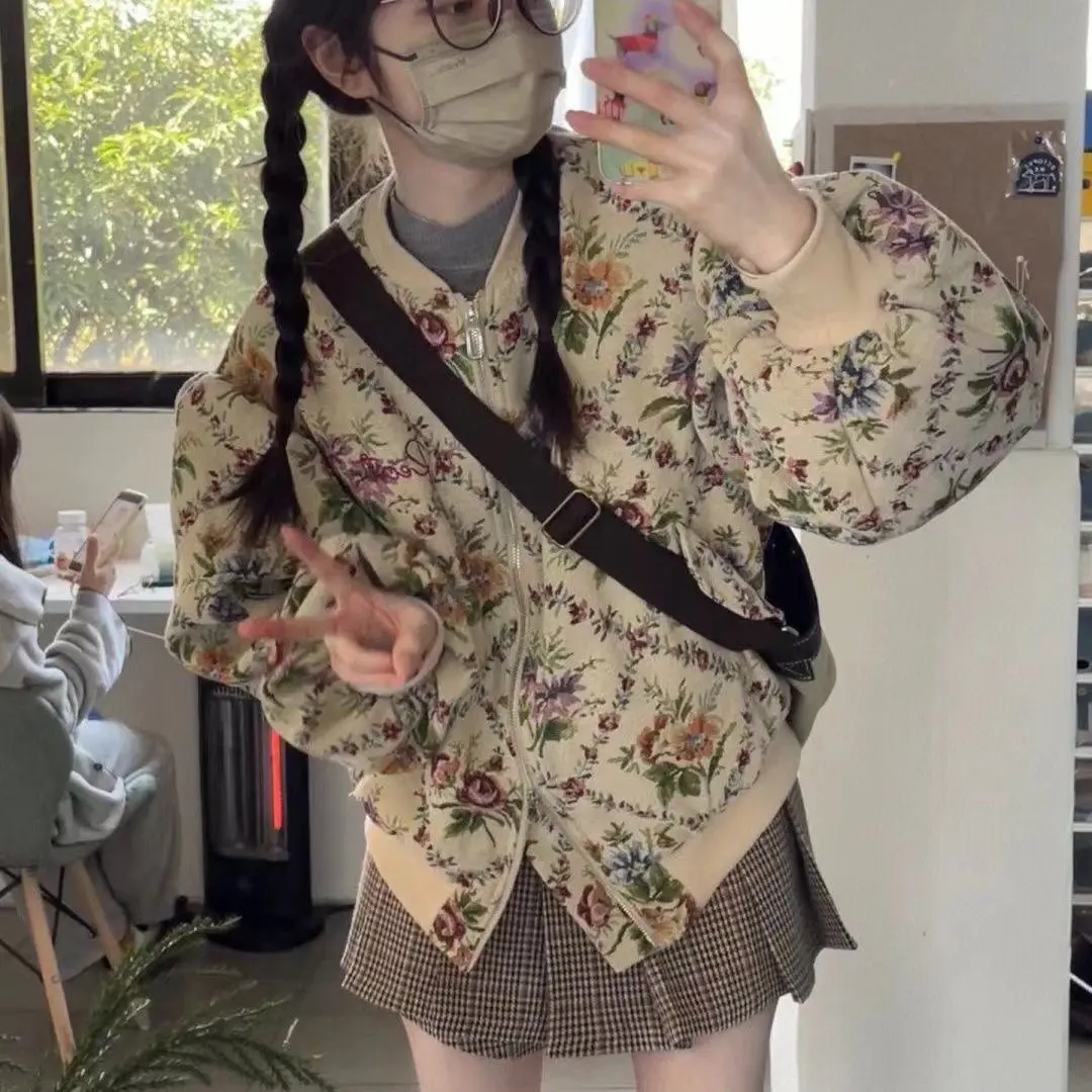 

Vintage Oil Painting Baseball Jacket Women Floral Print Outerwear Spring Autumn New Design Jacket Zipper Sweatshirt Streetwear