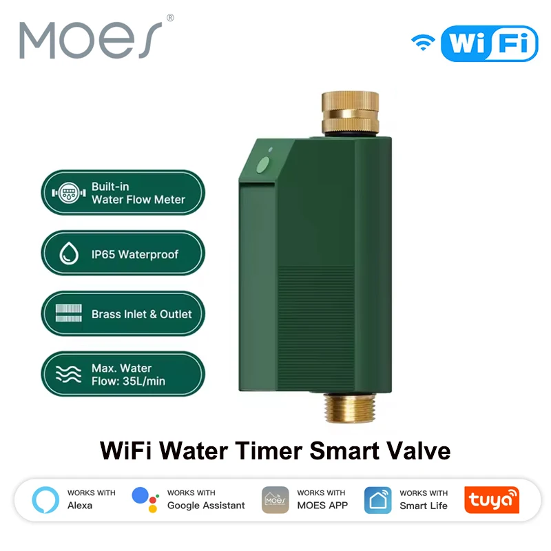 

MOES Tuya WiFi Water Timer Smart Valve Controller Brass Inlet&Outlet IP65 Waterproof APP Voice Control Work With Alexa Google