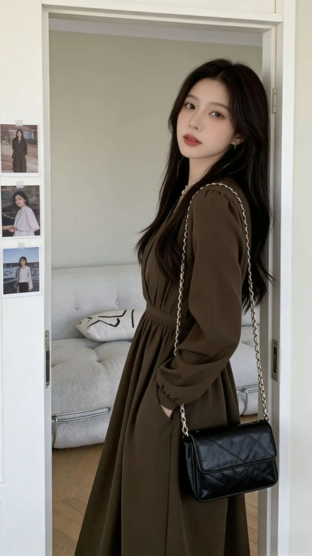 French Vintage Hepburn Style V-Neck Slimming Midi Dress Autumn New Arrival Light Maturity Style A-Line Dress Pure Color