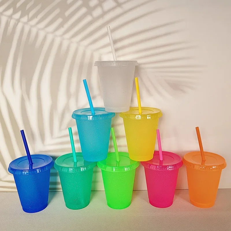 1pc 500ml Creative Water Cup Sequin Sparkling Powder Straw Cup Plastic Multi Specification Straw Design Comfortable Beverage Cup