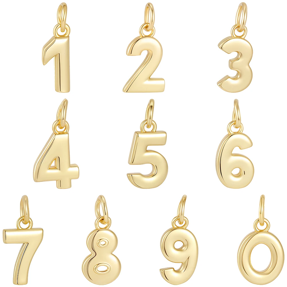 1 Box 10 Styles Number Dangle Charms Real 18K Gold Plated Digital Charm Metal 0-9 Figures Pendants with Jump Rings for Necklace