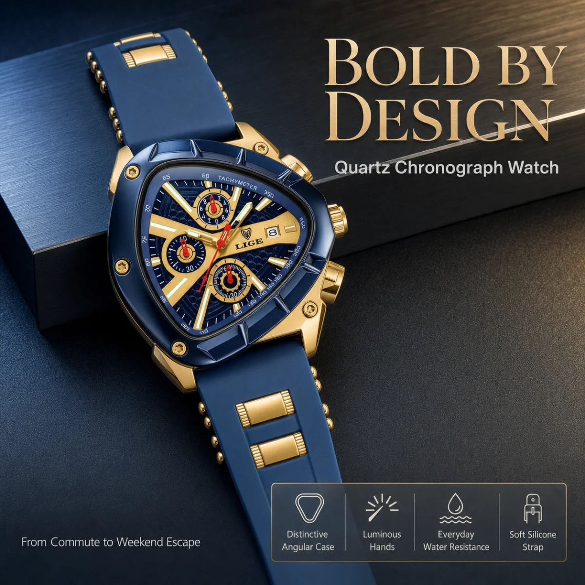 LIGE New Men Watches Luxury Triangle Dial Chronograph Quartz Watch 30M Waterproof Silicone Sports Male Wristwatch Reloj Hommes