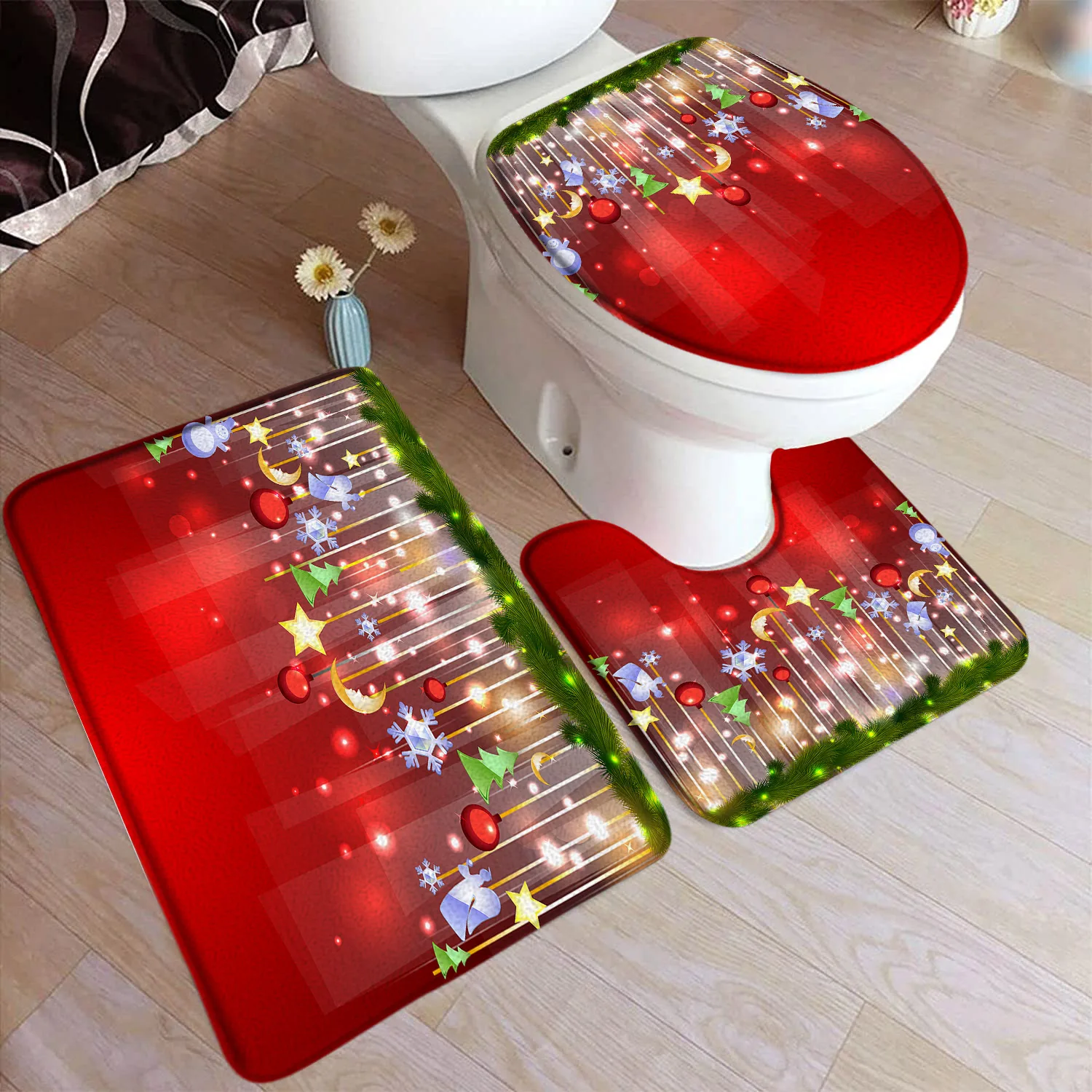 Red Christmas Bath Mat Set Santa Claus Elk Green Pine Branch Xmas Ball Home Carpet Non-slip Bathroom Decor Rugs Toilet Lid Cover