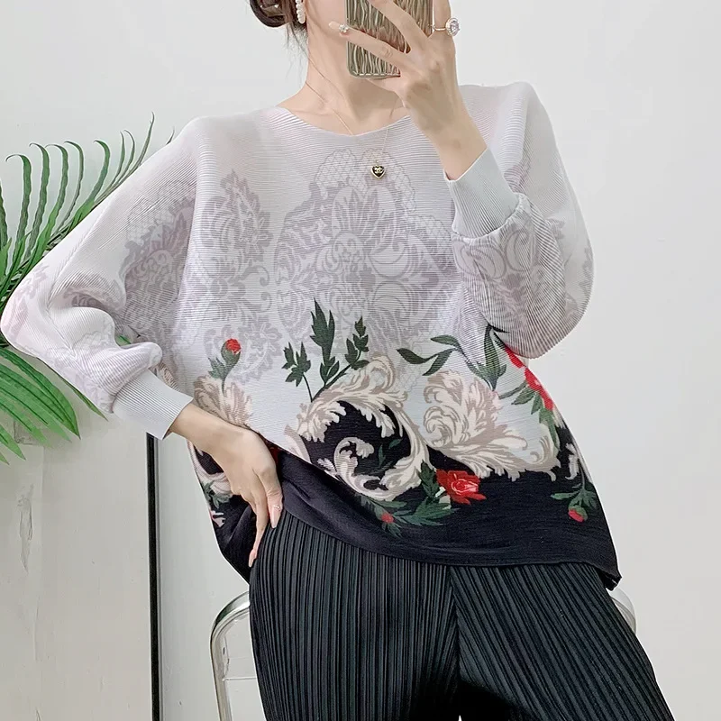 Pleats Pleated Printed T-shirt Women 2024 Autumn New Loose Foreign Gas Big Yards Bat Sleeve Blouse Short Paragraph Clothing