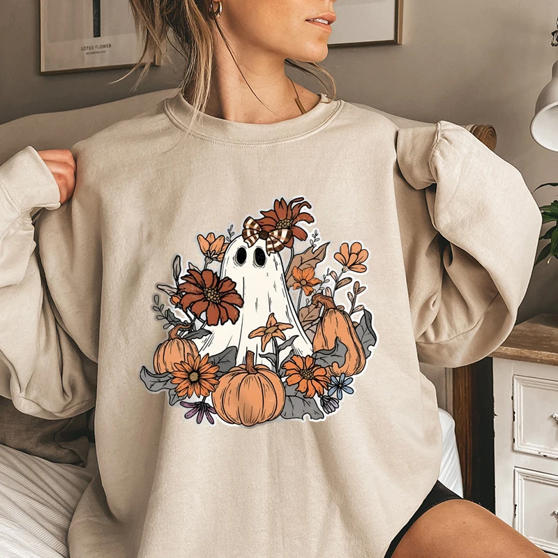 Women Pumpkin Ghost Print Round Neck Long Sleeve Sweatshirt, Halloween Sweatshirts, Fall Pullovers, Women Plus Size Clothing