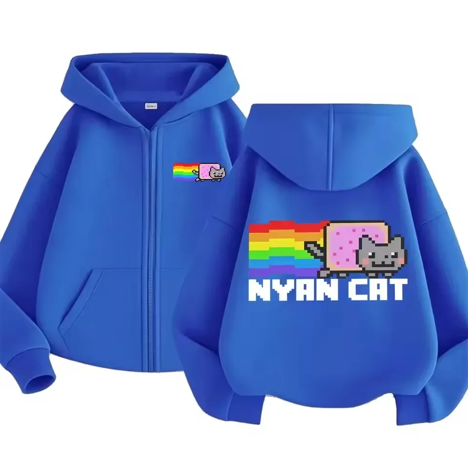 Heavy Pixel Rainbow Cat Zip Up Hoodie Black White Blue Grey Men Women Streetwear Casual Fashion Sweatshirt Tops Y2K