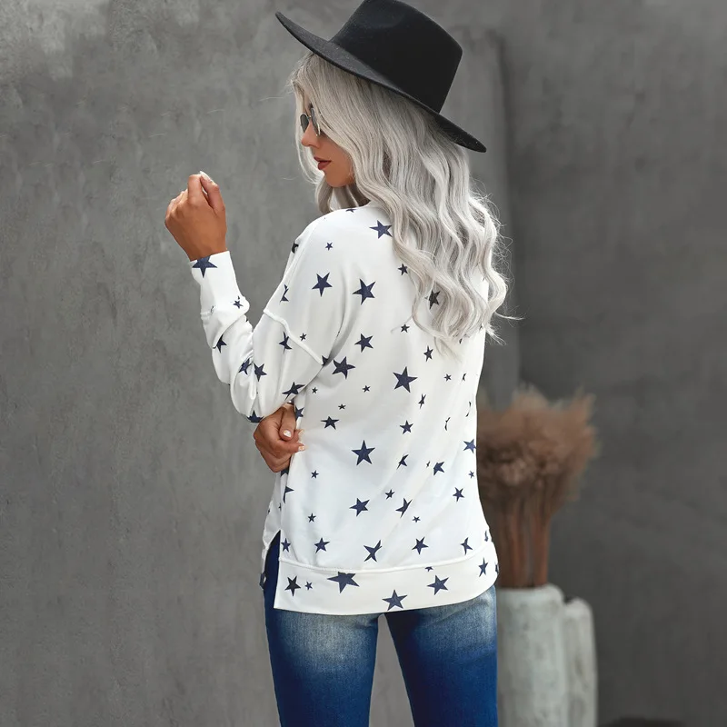 طويل Sve مطبوعة هوديي المرأة ربيع الخريف جديد جولة Ne فضفاض السيدات أعلى القطن الصوف مزيج النسيج مريحة تناسب #2