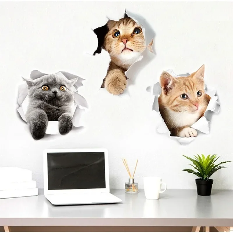 1/2/3PCS Vivid 3d Hole Funny Cat Dog Toilet Stickers Diy Wc Washroom Home Decoration Cute Kitten Puppy Pet Animals  Art Decals