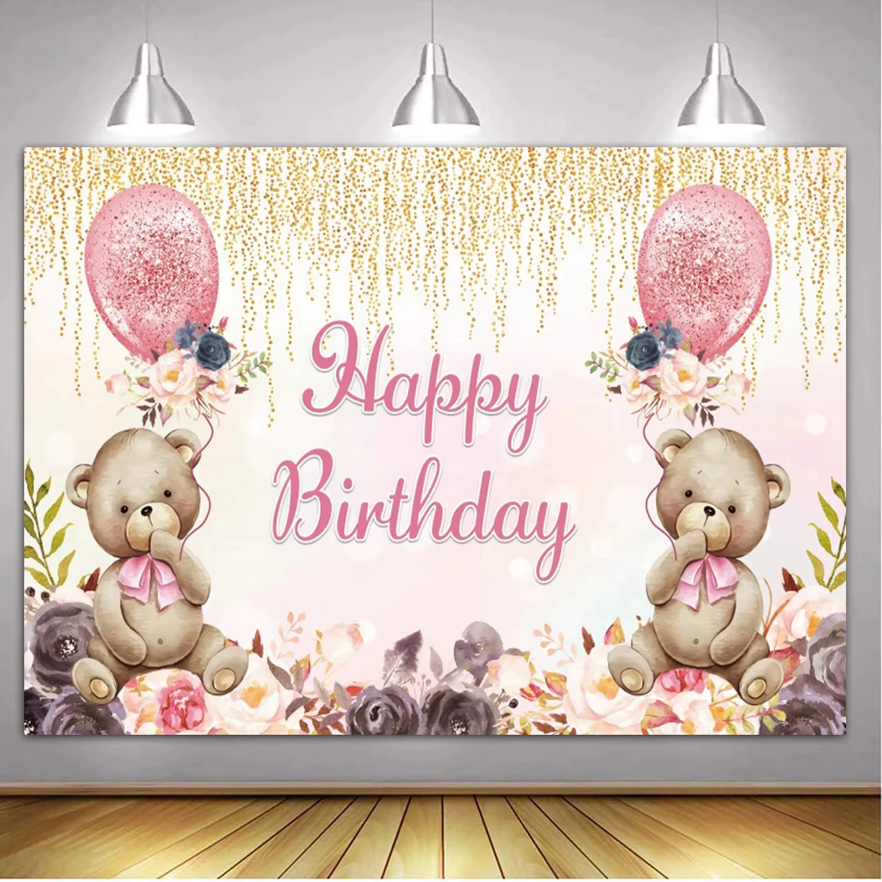 

Cartoon Teddy Bear Baby Shower Birthday Party Decor Backdrops Banner Child Flowers Balloon Photography Background Poster Props