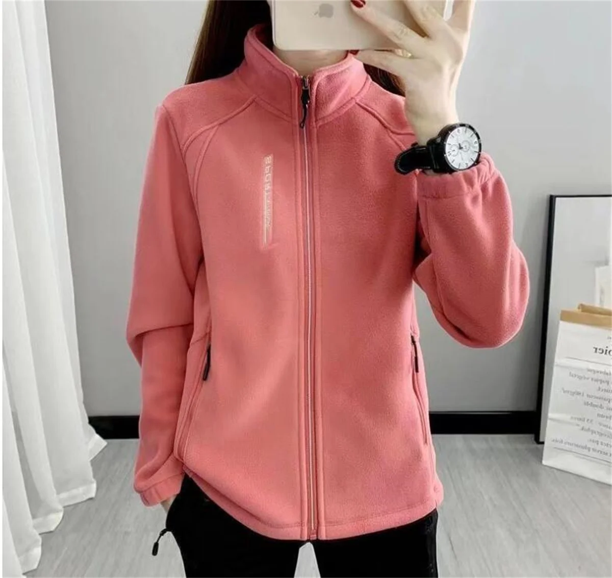 Women Autumn Winter Fleece Coat Plus Size Zipper Stand Collar Sweatershirt Casual Loose Outdoor Coat Long Sleeve Cardigan Jacket