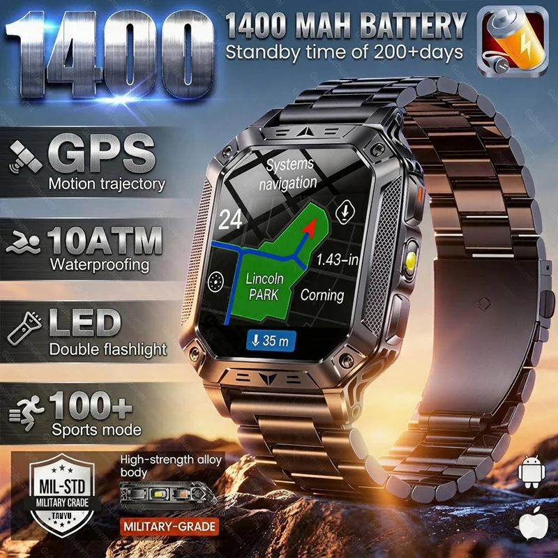 

2026 Outdoors 1400mAh Battery Sports Smart Watch Flashlight 10ATM Waterproof Bluetooth Call Military GPS Tracker Smartwatchs Men