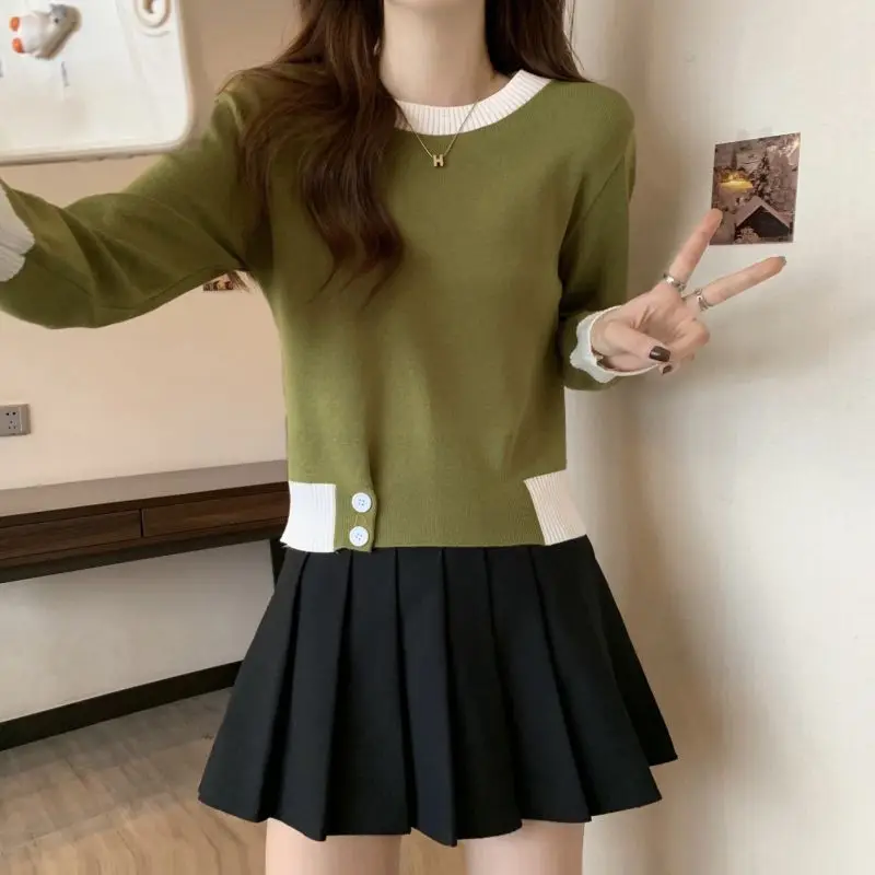 

Stylish Waist Patchwork Button Sweaters Female Clothing Contrasting Colors Korean O-Neck Spring Autumn Casual Knitted Jumpers