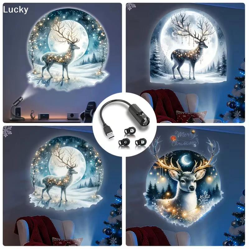 USB Christmas Projector Light 3 Patterns Santa Snowman Reindeer 360° Projection Lamp Indoor Xmas Atmosphere Wall Decor