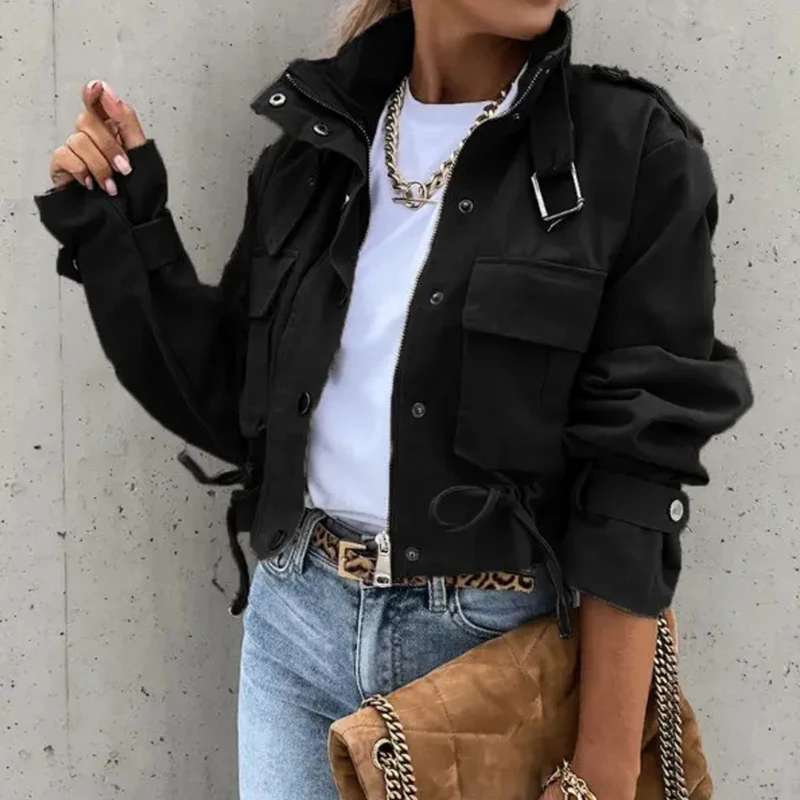 Fashion Contrast Color Short Jackets Top Women Long Sleeve Loose Coats Outwear Autumn Winter Lady Lapel Button Zip Cardigan 2022