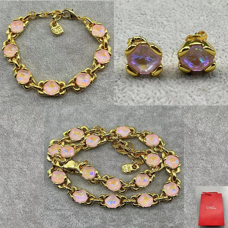 2024 Spain UNOde Sweet and Gorgeous Luxury Quadrilateral Pink Crystal Jewelry Set Women's Gift