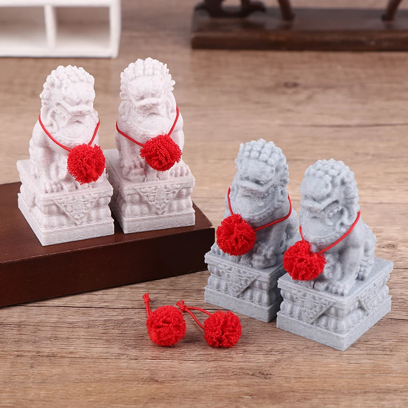 Set of 2 Simulated Stone Lion Figurines, Dollhouse Courtyard Embellishment, Micro Scene Construction Accents