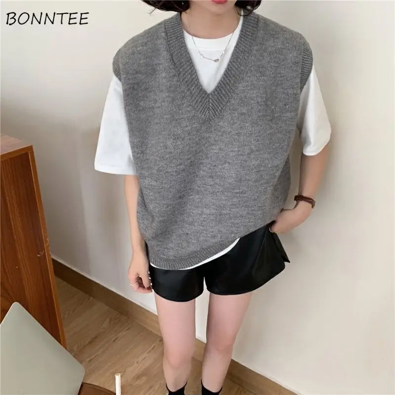 Sweater Vests Women Knitted Tops Solid All-match V-neck Loose Autumn Winter Chic Korean Outwear Female Hot Sale Stylish Vintage