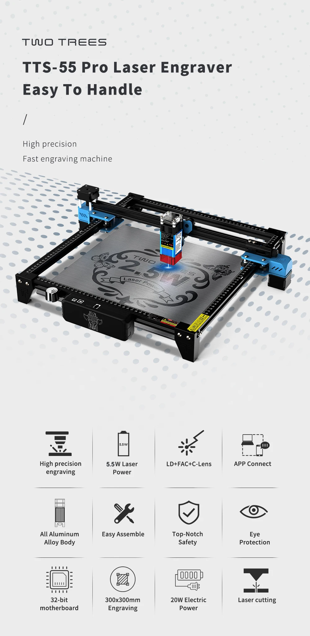 Twotrees TTS-10 PRO Laser Engraving Machine TTS-55 5.5/10W Metal Laser Engraver Machine Router Wood Leather Cutting Machine WIFI