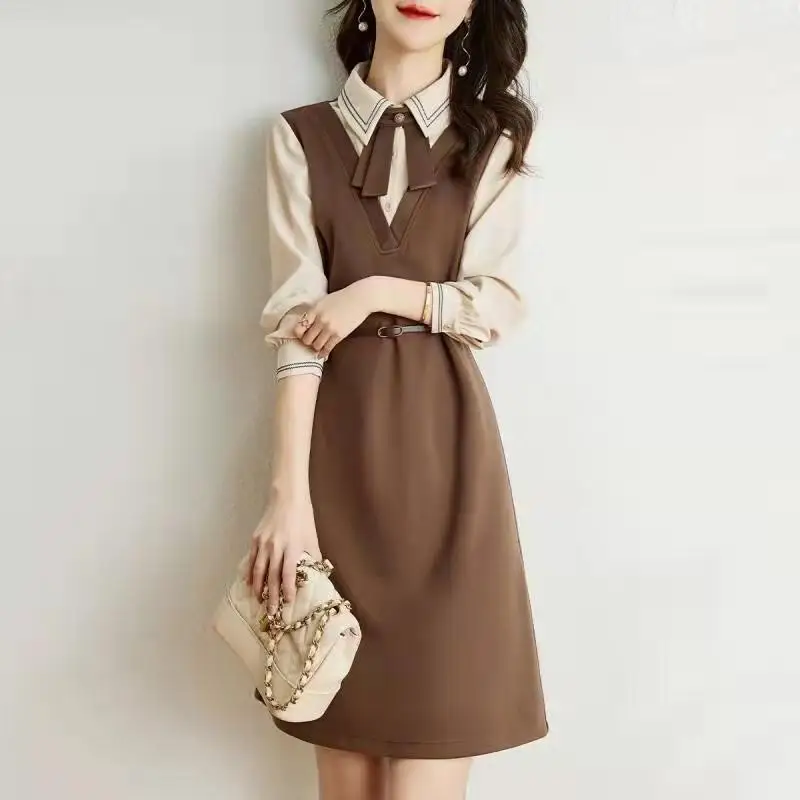 Spring Autumn Bow High Street Long Sleeve Midi Dress Women High Street Elegant Fake Two Pieces Dresses Lacing Zipper Vestidos