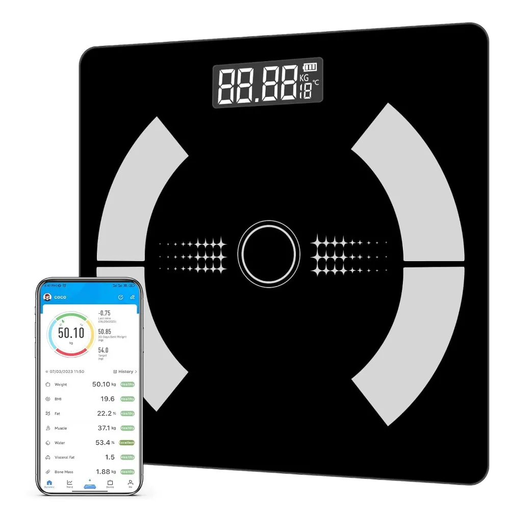 Cette balance sportive et domestique intègre 13 fonctions d'analyse de la composition corporelle, une calibration automatique et peut être surveillée via une application. C'est noir.